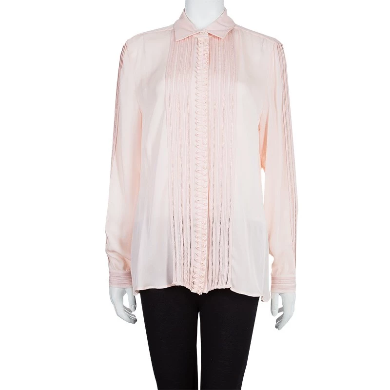 Oscar De La Renta Blush Pink Lace Insert Detail Pintucked Silk Shirt L For Women 4 Oscar De La Renta Blush Pink Lace Insert Detail Pintucked Silk Shirt L For Women - Image 2