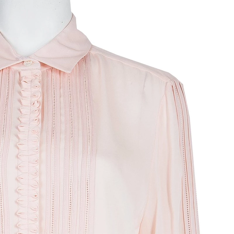 Oscar De La Renta Blush Pink Lace Insert Detail Pintucked Silk Shirt L For Women 6 Oscar De La Renta Blush Pink Lace Insert Detail Pintucked Silk Shirt L For Women - Image 4