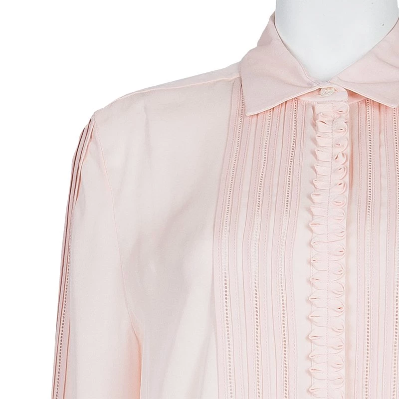 Oscar De La Renta Blush Pink Lace Insert Detail Pintucked Silk Shirt L For Women 7 Oscar De La Renta Blush Pink Lace Insert Detail Pintucked Silk Shirt L For Women - Image 5