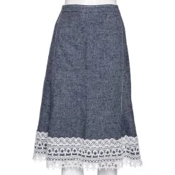 Oscar De La Renta Blue Silk & Linen Lace Trimmed Skirt MTO For Women