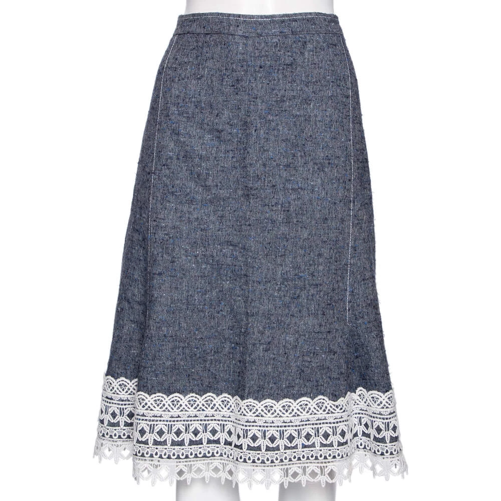 Oscar De La Renta Blue Silk & Linen Lace Trimmed Skirt MTO For Women 3 Oscar De La Renta Blue Silk & Linen Lace Trimmed Skirt MTO For Women