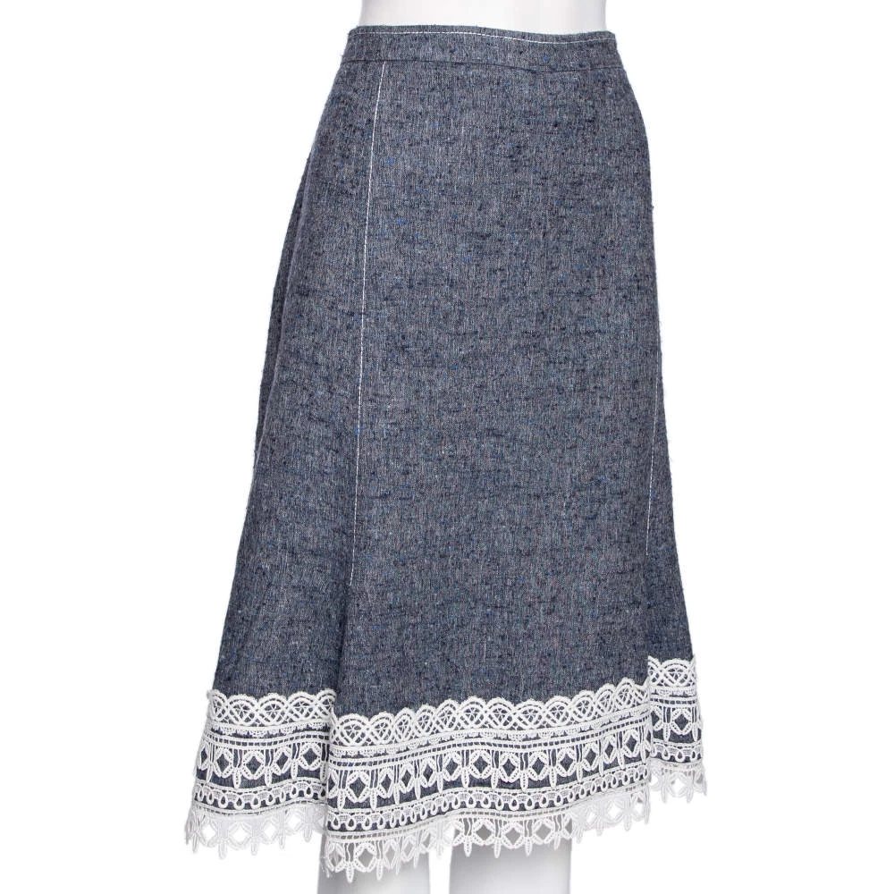Oscar De La Renta Blue Silk & Linen Lace Trimmed Skirt MTO For Women 4 Oscar De La Renta Blue Silk & Linen Lace Trimmed Skirt MTO For Women - Image 2