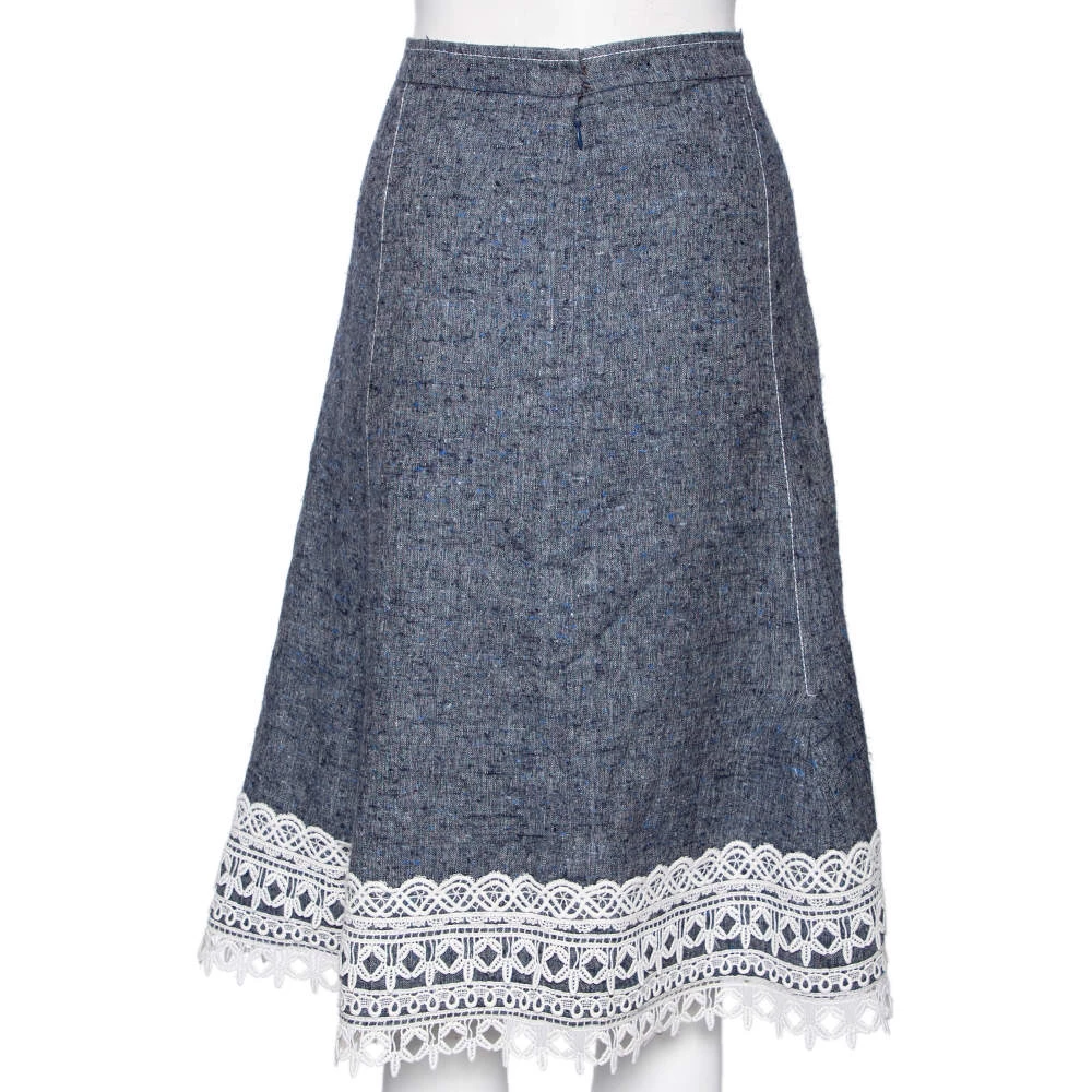 Oscar De La Renta Blue Silk & Linen Lace Trimmed Skirt MTO For Women 5 Oscar De La Renta Blue Silk & Linen Lace Trimmed Skirt MTO For Women - Image 3