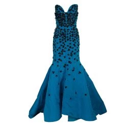 Oscar de la Renta Sales Shop 5 Oscar De La Renta Fall 2015 Blue Floral Sequin Embellished Strapless Silk Gown M For Women