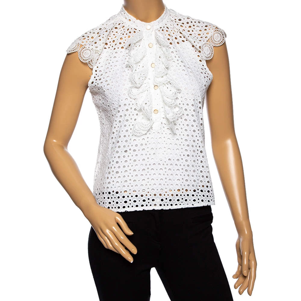 Oscar De La Renta White Eyelet Cotton Ruffle Trimmed Top M For Women 3 Oscar De La Renta White Eyelet Cotton Ruffle Trimmed Top M For Women