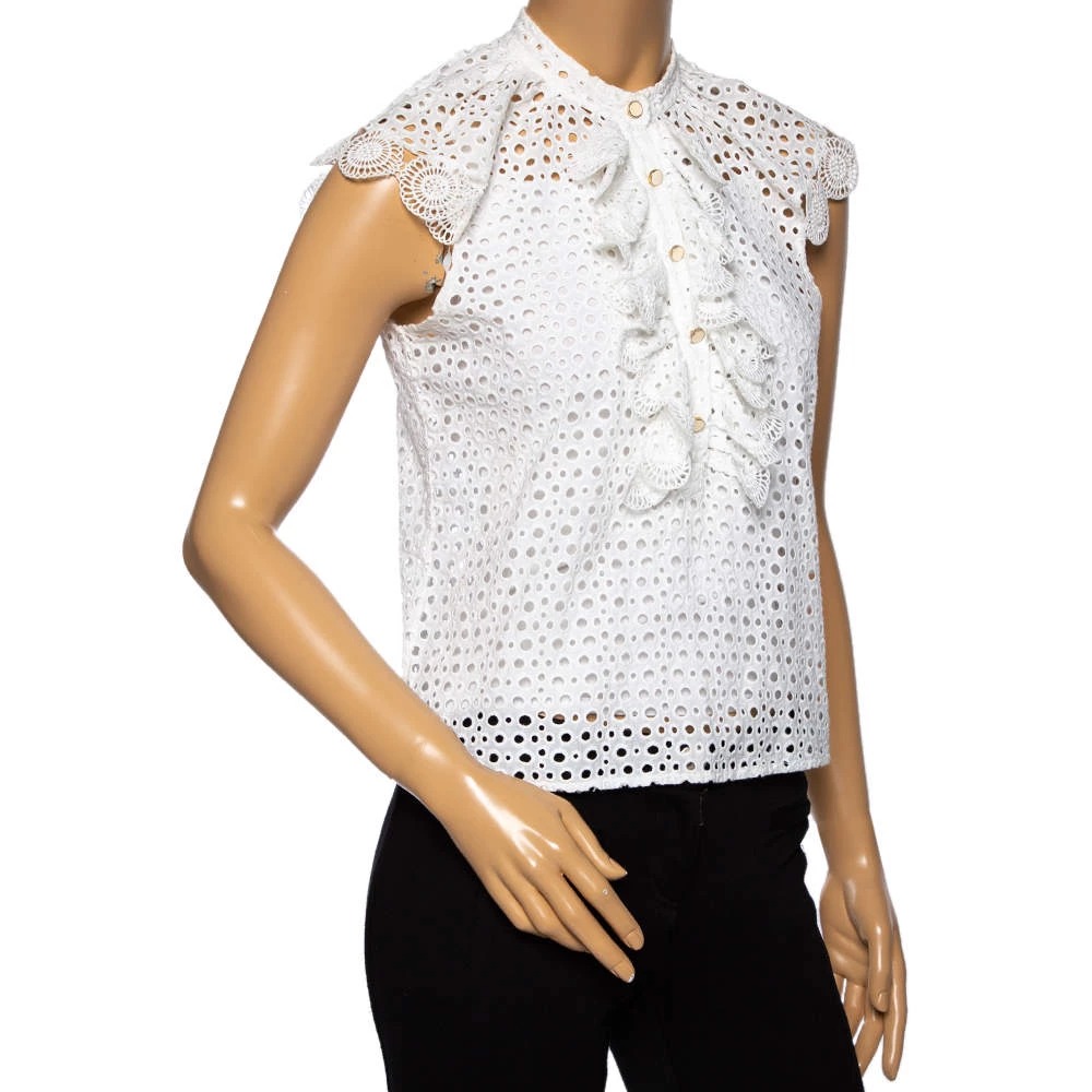 Oscar De La Renta White Eyelet Cotton Ruffle Trimmed Top M For Women 4 Oscar De La Renta White Eyelet Cotton Ruffle Trimmed Top M For Women - Image 2