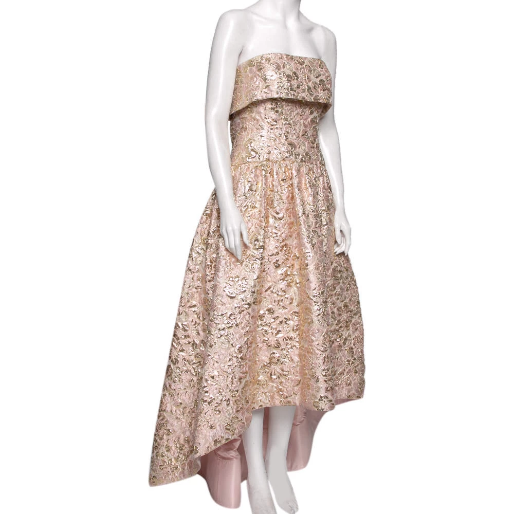 Oscar De La Renta Pink And Gold Brocade Strapless Asymmetrical Gown S For Women 4 Oscar De La Renta Pink And Gold Brocade Strapless Asymmetrical Gown S For Women - Image 2