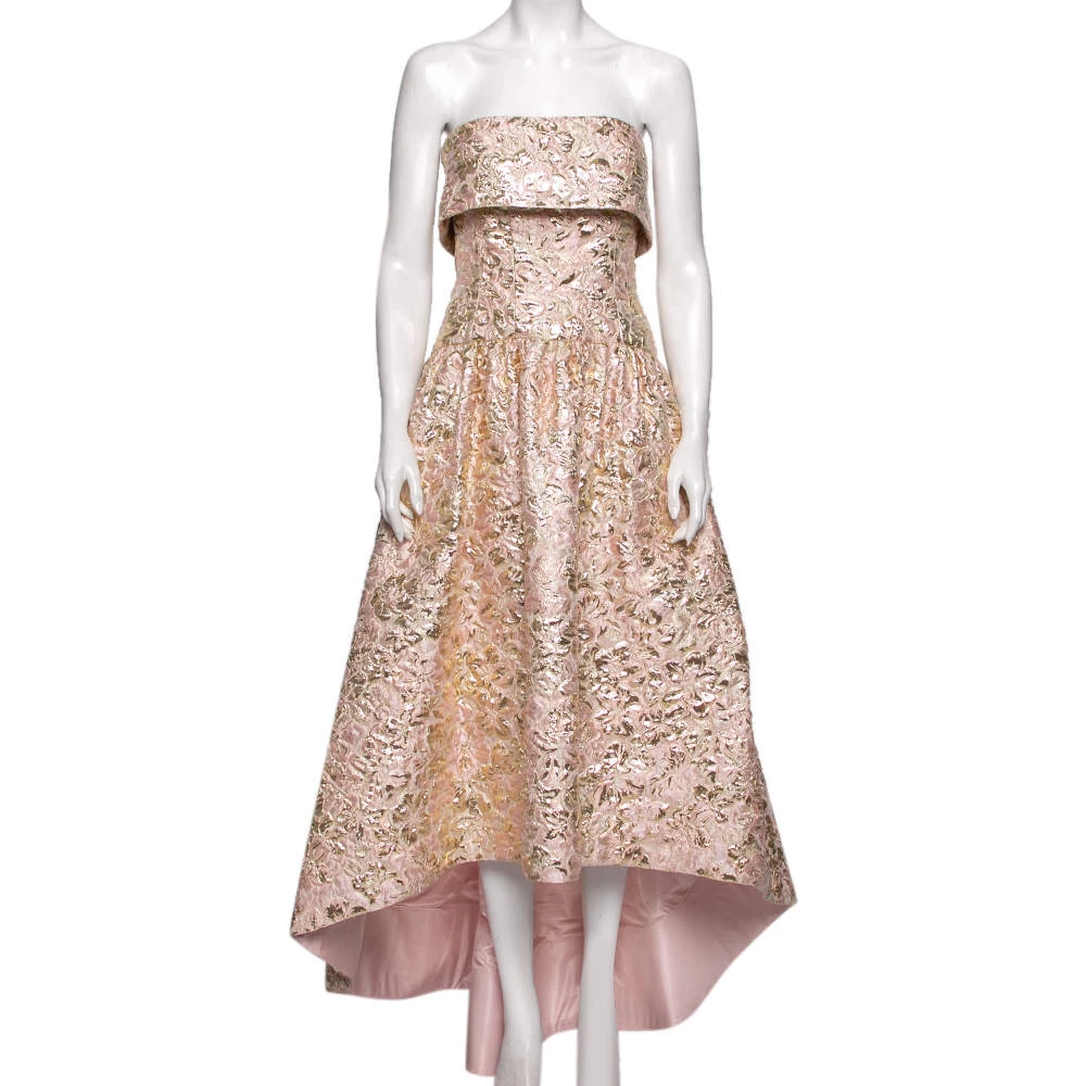 Oscar De La Renta Pink And Gold Brocade Strapless Asymmetrical Gown S For Women 3 Oscar De La Renta Pink And Gold Brocade Strapless Asymmetrical Gown S For Women