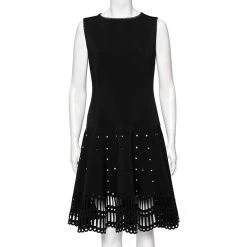 Oscar de la Renta Sales Shop 11 Oscar De La Renta Black Neoprene Laser Cut Patterned Dress L For Women