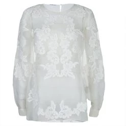 Oscar De La Renta White Sheer Floral Applique Top M For Women
