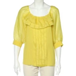 Oscar De La Renta Yellow Silk Organza Ruffle Detail Sheer Top L For Women