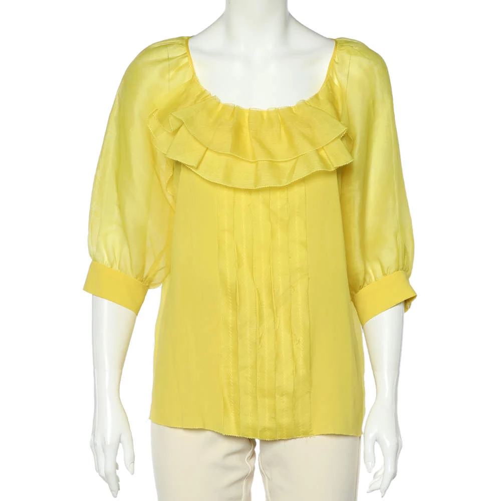 Oscar De La Renta Yellow Silk Organza Ruffle Detail Sheer Top L For Women 3 Oscar De La Renta Yellow Silk Organza Ruffle Detail Sheer Top L For Women