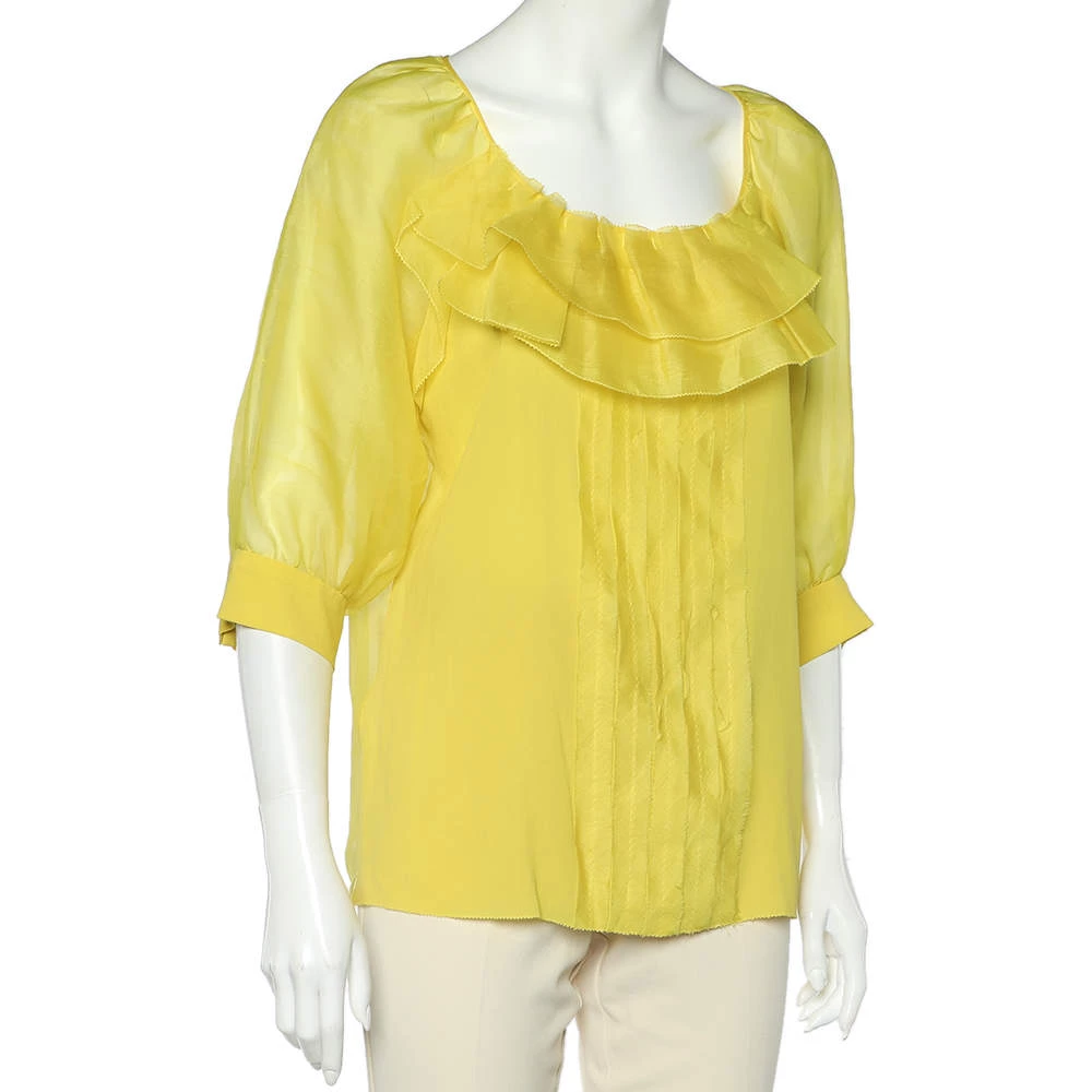 Oscar De La Renta Yellow Silk Organza Ruffle Detail Sheer Top L For Women 4 Oscar De La Renta Yellow Silk Organza Ruffle Detail Sheer Top L For Women - Image 2