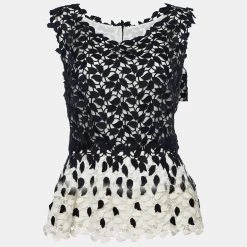 Oscar De La Renta Monochrome Guipure Lace Sleeveless Peplum Top S For Women