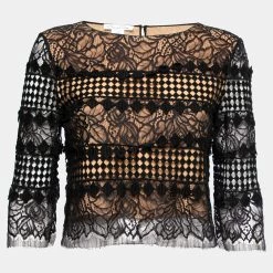 Oscar De La Renta Black Guipure Lace Round Neck Cropped Top S For Women
