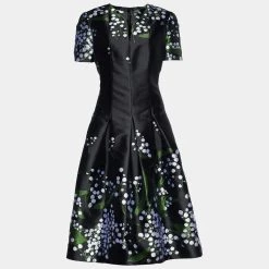 Oscar De La Renta Black Silk Floral Jacquard Flared Dress XL For Women