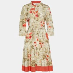 Oscar De La Renta Beige Brushstroke Print Silk Midi Dress XL For Women