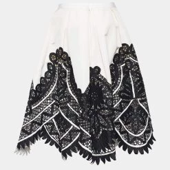 Oscar De La Renta Monochrome Silk Lace Applique Pleated Skirt M For Women -Oscar de la Renta Sales Shop luxury women oscar de la rentaslug used clothes p654642 005