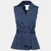 Oscar De La Renta Navy Blue Cotton Pleated Sleeveless Top XS For Women