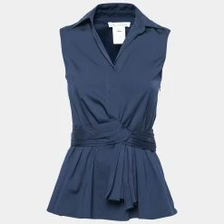 Oscar De La Renta Navy Blue Cotton Pleated Sleeveless Top XS For Women