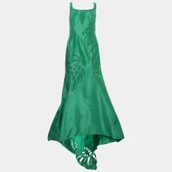 Oscar De La Renta Green Silk Palm Leaf Cut-Out Detail Trumpet Gown L For Women