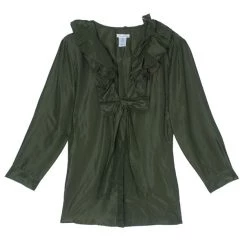 Oscar De La Renta Olive Green Silk Ruffle Top XL For Women