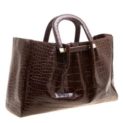 Oscar De La Renta Brown Croc Embossed Leather Tote For Women -Oscar de la Renta Sales Shop luxury women oscar de la rentaslug used handbags p121633 0003