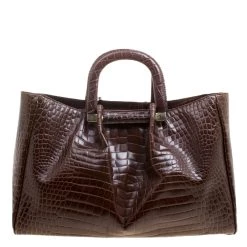 Oscar De La Renta Brown Croc Embossed Leather Tote For Women -Oscar de la Renta Sales Shop luxury women oscar de la rentaslug used handbags p121633 0004