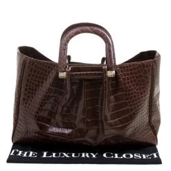 Oscar De La Renta Brown Croc Embossed Leather Tote For Women -Oscar de la Renta Sales Shop luxury women oscar de la rentaslug used handbags p121633 0009