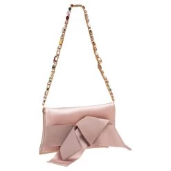 Oscar De La Renta Beige Satin Bow Flap Crystal Embellished Strap Clutch For Women -Oscar de la Renta Sales Shop luxury women oscar de la rentaslug used handbags p575481 009