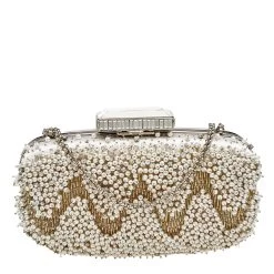 Oscar De La Renta White Satin Embellished Crown Goa Clutch For Women