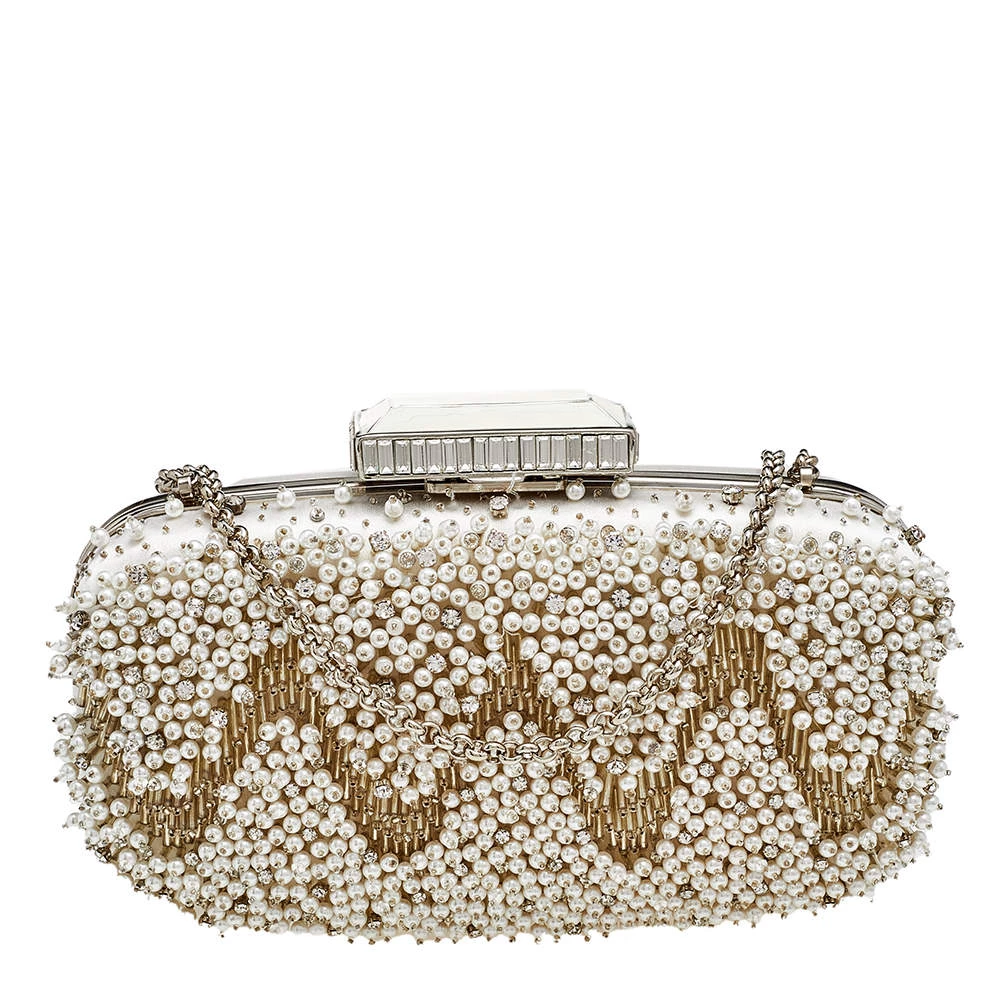Oscar De La Renta White Satin Embellished Crown Goa Clutch For Women 3 Oscar De La Renta White Satin Embellished Crown Goa Clutch For Women