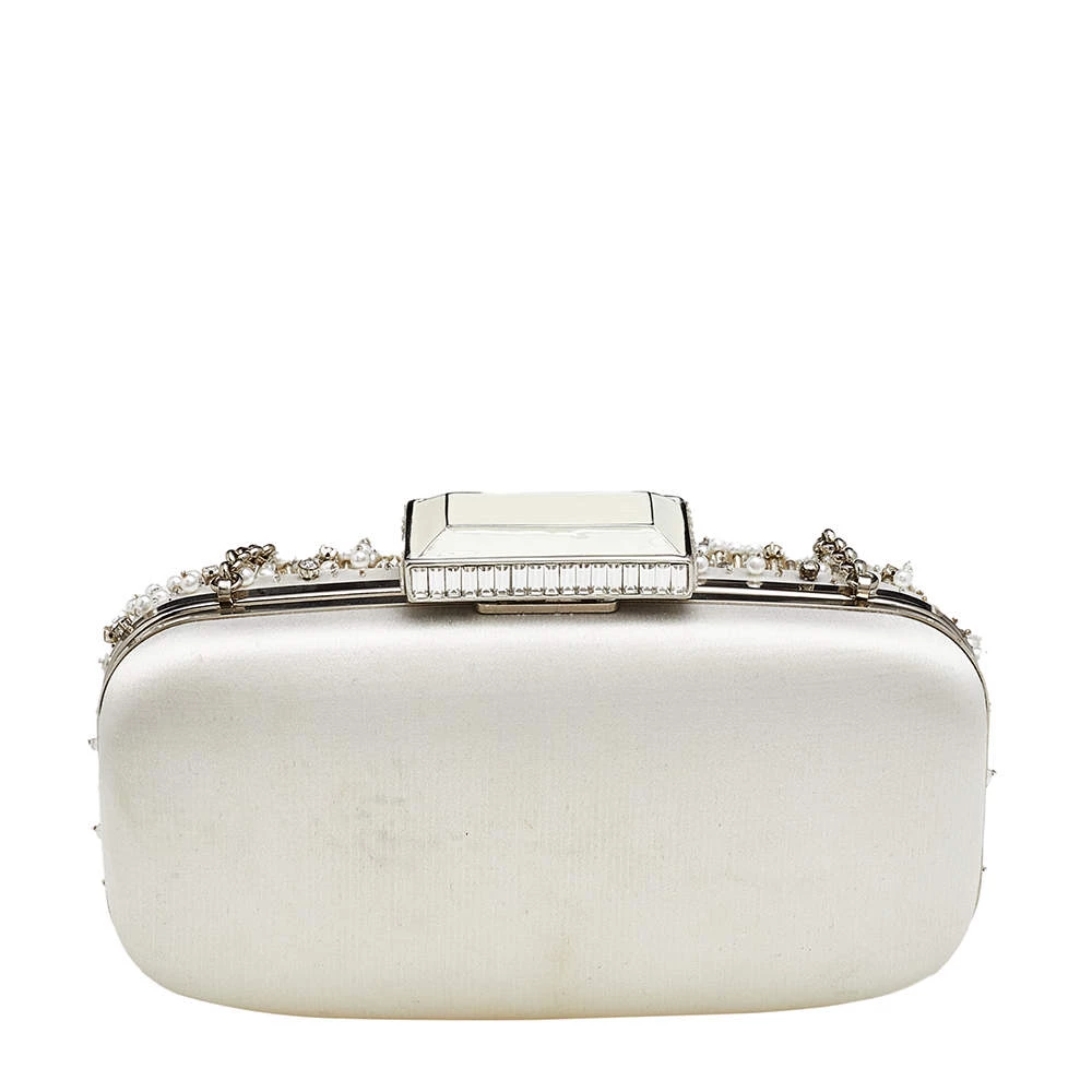 Oscar De La Renta White Satin Embellished Crown Goa Clutch For Women 6 Oscar De La Renta White Satin Embellished Crown Goa Clutch For Women - Image 4