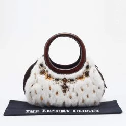 Oscar De La Renta White/Brown Fur And Suede Embellished Satchel For Women -Oscar de la Renta Sales Shop luxury women oscar de la rentaslug used handbags p669732 006