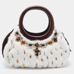 Oscar De La Renta White/Brown Fur And Suede Embellished Satchel For Women