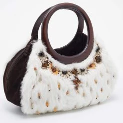 Oscar De La Renta White/Brown Fur And Suede Embellished Satchel For Women -Oscar de la Renta Sales Shop luxury women oscar de la rentaslug used handbags p669732 009