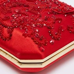 Oscar De La Renta Red Satin Saya Beads Embellished Chain Clutch For Women -Oscar de la Renta Sales Shop luxury women oscar de la rentaslug used handbags p672362 003