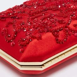 Oscar De La Renta Red Satin Saya Beads Embellished Chain Clutch For Women -Oscar de la Renta Sales Shop luxury women oscar de la rentaslug used handbags p672362 004