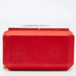 Oscar De La Renta Red Satin Saya Beads Embellished Chain Clutch For Women -Oscar de la Renta Sales Shop luxury women oscar de la rentaslug used handbags p672362 006