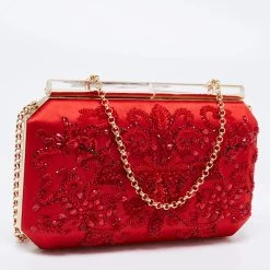 Oscar De La Renta Red Satin Saya Beads Embellished Chain Clutch For Women -Oscar de la Renta Sales Shop luxury women oscar de la rentaslug used handbags p672362 007