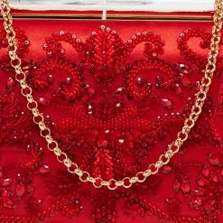 Oscar De La Renta Red Satin Saya Beads Embellished Chain Clutch For Women -Oscar de la Renta Sales Shop luxury women oscar de la rentaslug used handbags p672362 008