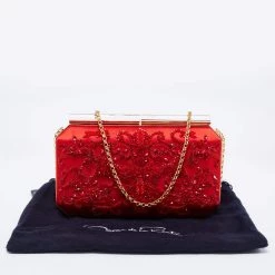Oscar De La Renta Red Satin Saya Beads Embellished Chain Clutch For Women -Oscar de la Renta Sales Shop luxury women oscar de la rentaslug used handbags p672362 009