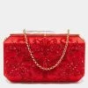 Oscar De La Renta Red Satin Saya Beads Embellished Chain Clutch For Women -Oscar de la Renta Sales Shop luxury women oscar de la rentaslug used handbags p672362 012