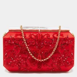 Oscar De La Renta Red Satin Saya Beads Embellished Chain Clutch For Women