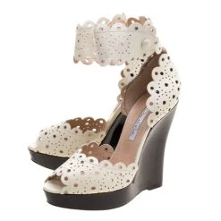 Oscar De La Renta Off-White Laser Cut Leather Hariet Wedge Sandals Size 39 For Women -Oscar de la Renta Sales Shop luxury women oscar de la rentaslug used shoes p120920 0004