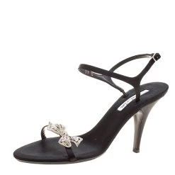 Oscar De La Renta Black Satin Crystal Bow Embellished Ankle Strap Sandals Size 37 For Women