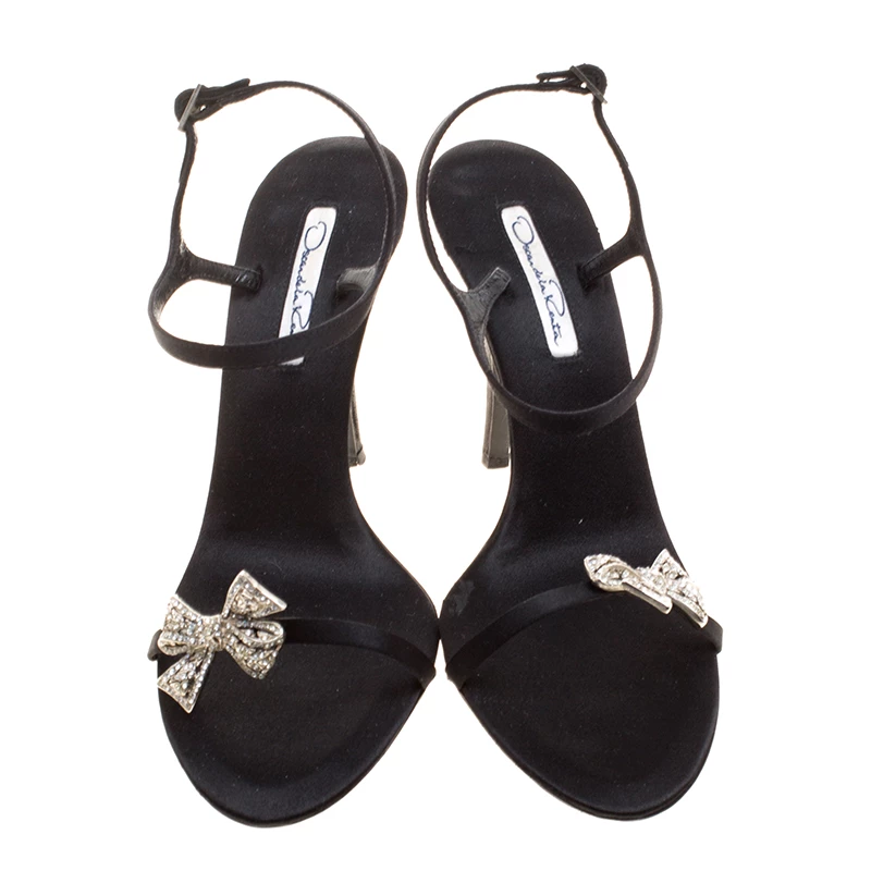 Oscar De La Renta Black Satin Crystal Bow Embellished Ankle Strap Sandals Size 37 For Women 5 Oscar De La Renta Black Satin Crystal Bow Embellished Ankle Strap Sandals Size 37 For Women - Image 3