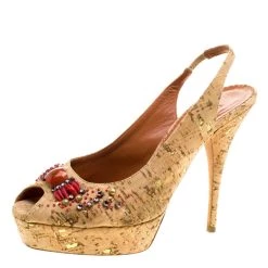 Oscar De La Renta Light Brown Leather Embellished Slingback Platform Sandals Size 38 For Women