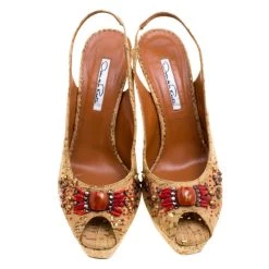 Oscar De La Renta Light Brown Leather Embellished Slingback Platform Sandals Size 38 For Women -Oscar de la Renta Sales Shop luxury women oscar de la rentaslug used shoes p128848 0003