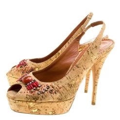 Oscar De La Renta Light Brown Leather Embellished Slingback Platform Sandals Size 38 For Women -Oscar de la Renta Sales Shop luxury women oscar de la rentaslug used shoes p128848 0004